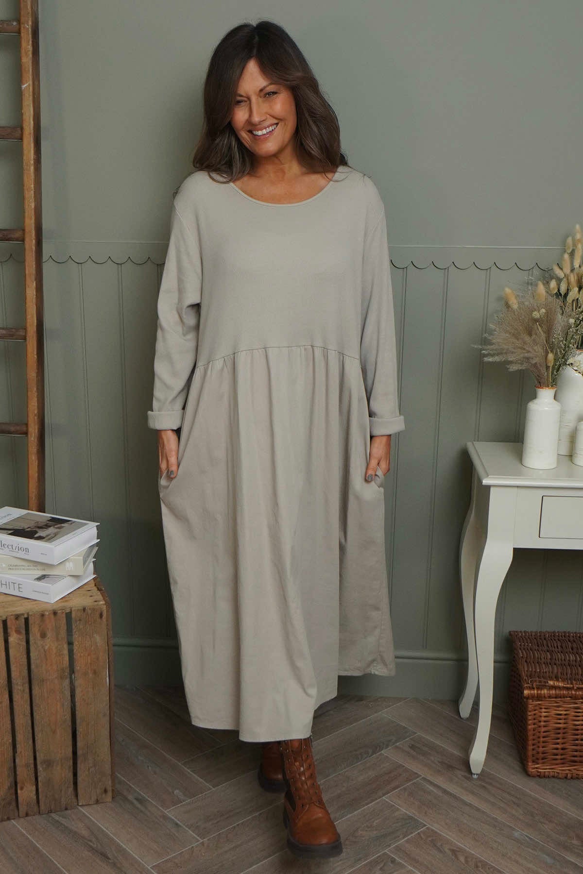 Tina Ribbed Detail Cotton Dress Stone