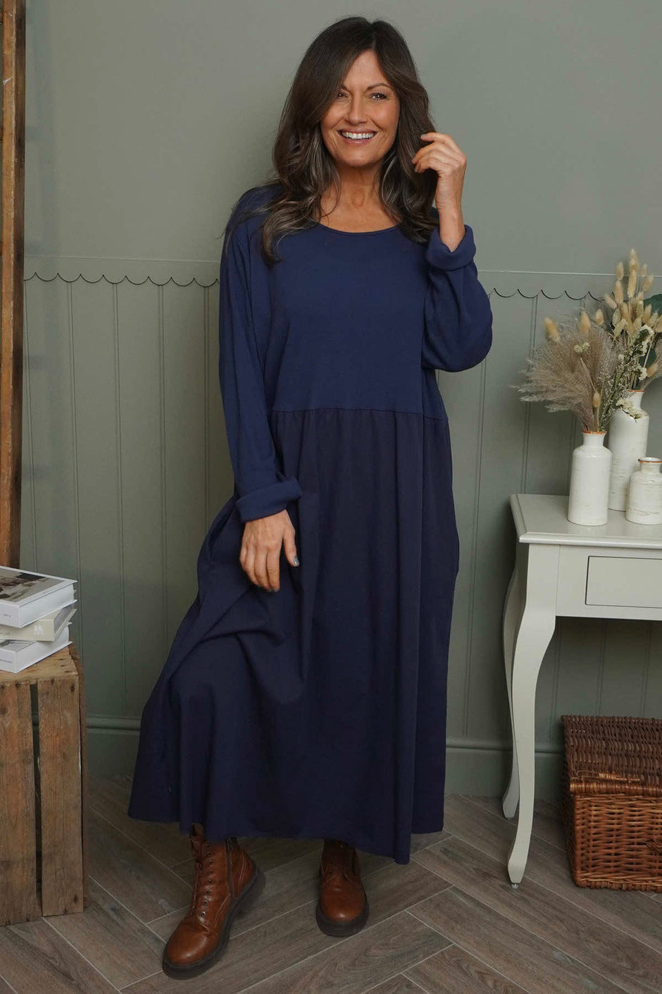 Tina Ribbed Detail Cotton Dress Navy