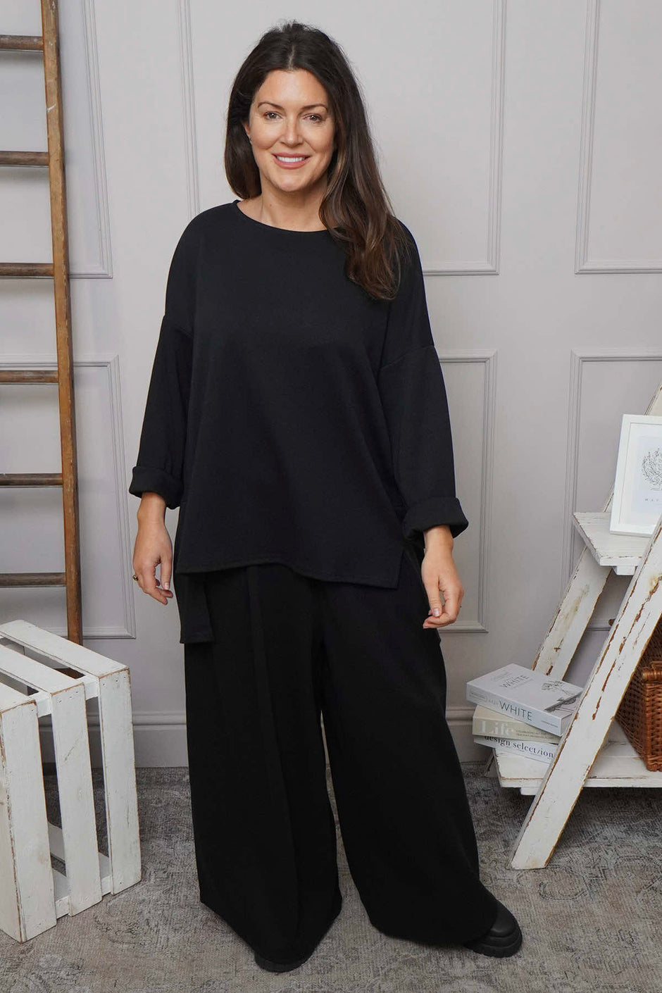 Charla Dipped Hem Cotton Top Black
