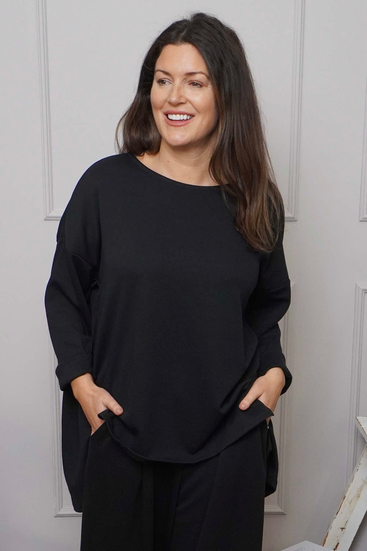 Charla Dipped Hem Cotton Top Black