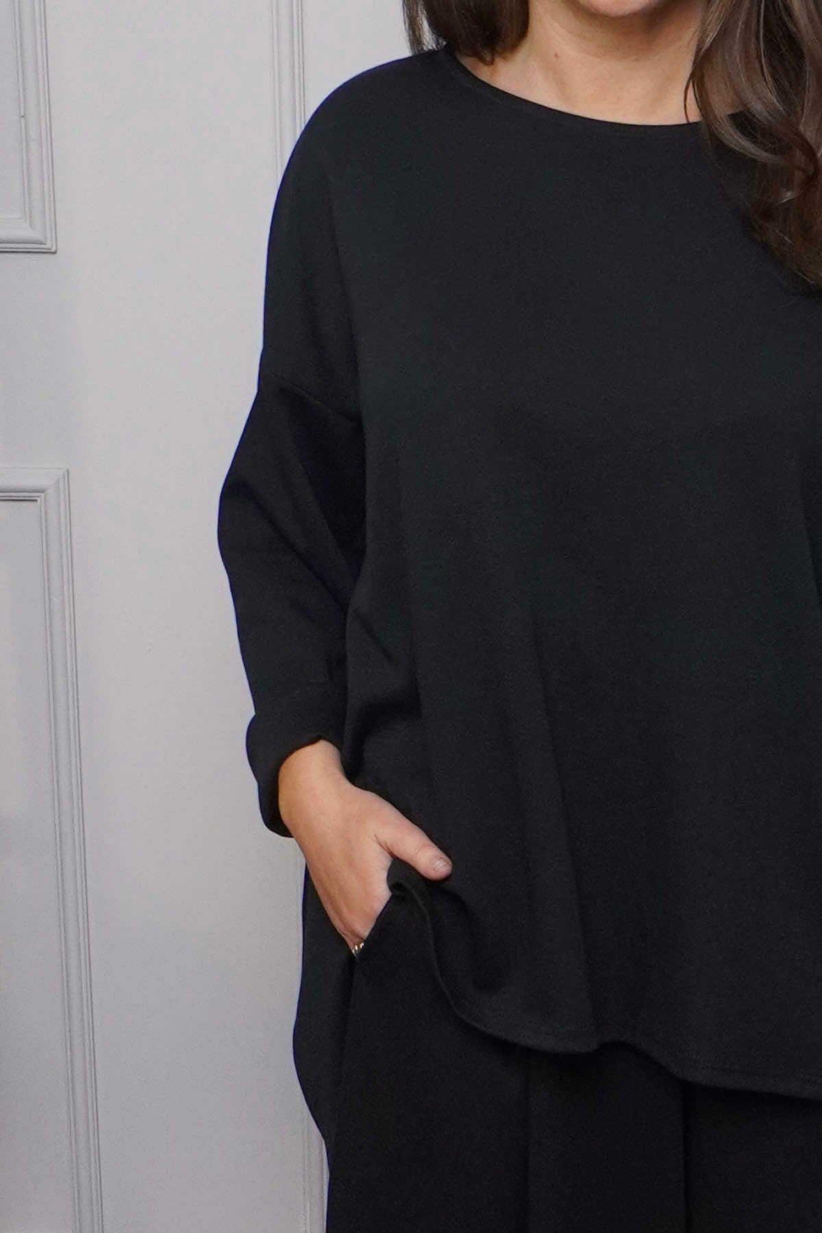 Charla Dipped Hem Cotton Top Black