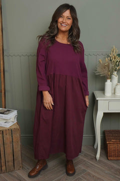 Tina Ribbed Detail Cotton Dress Burgundy