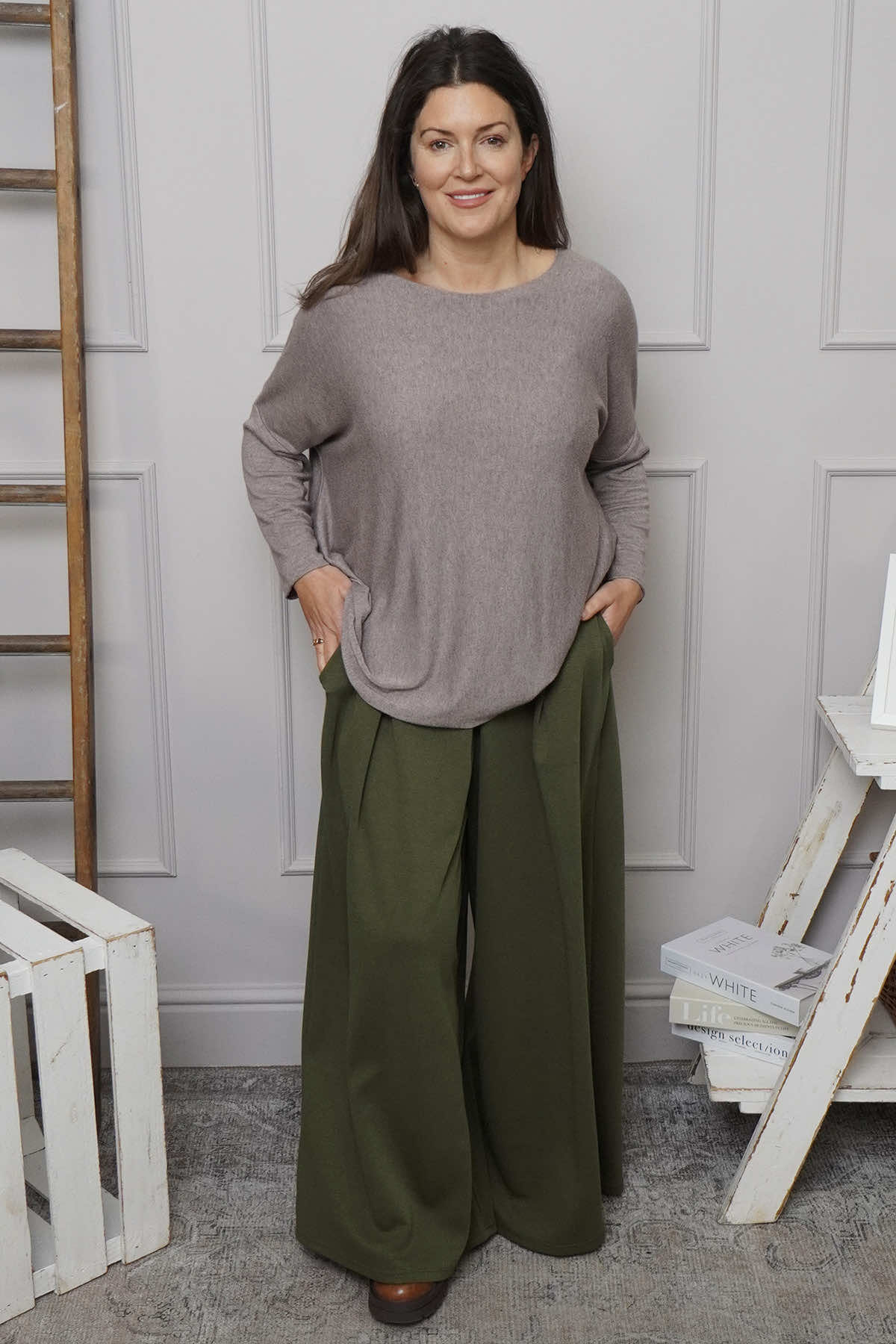 Trish Wide Leg Cotton Trousers Khaki