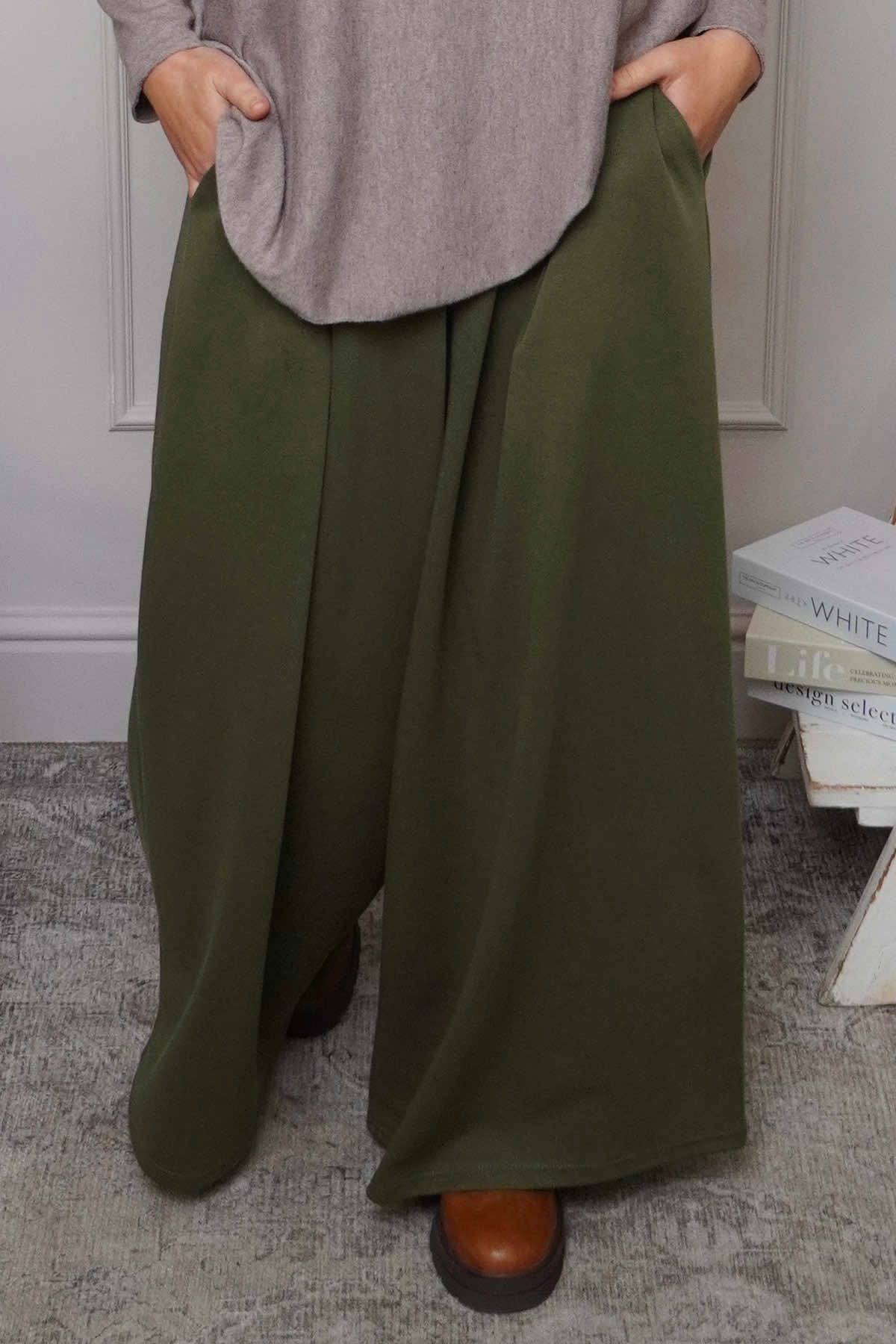 Trish Wide Leg Cotton Trousers Khaki