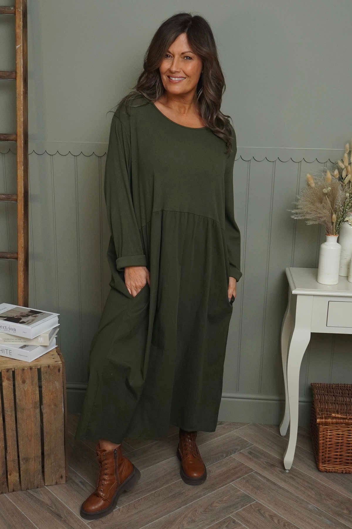 Tina Ribbed Detail Cotton Dress Khaki