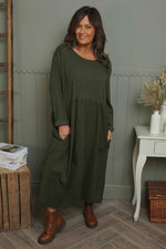 Tina Ribbed Detail Cotton Dress Khaki Khaki - Tina Ribbed Detail Cotton Dress Khaki