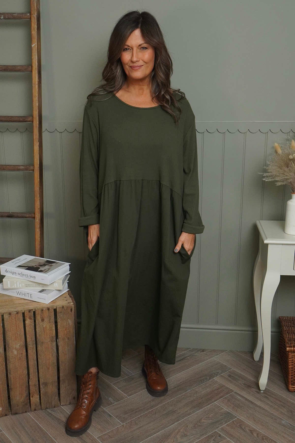 Tina Ribbed Detail Cotton Dress Khaki