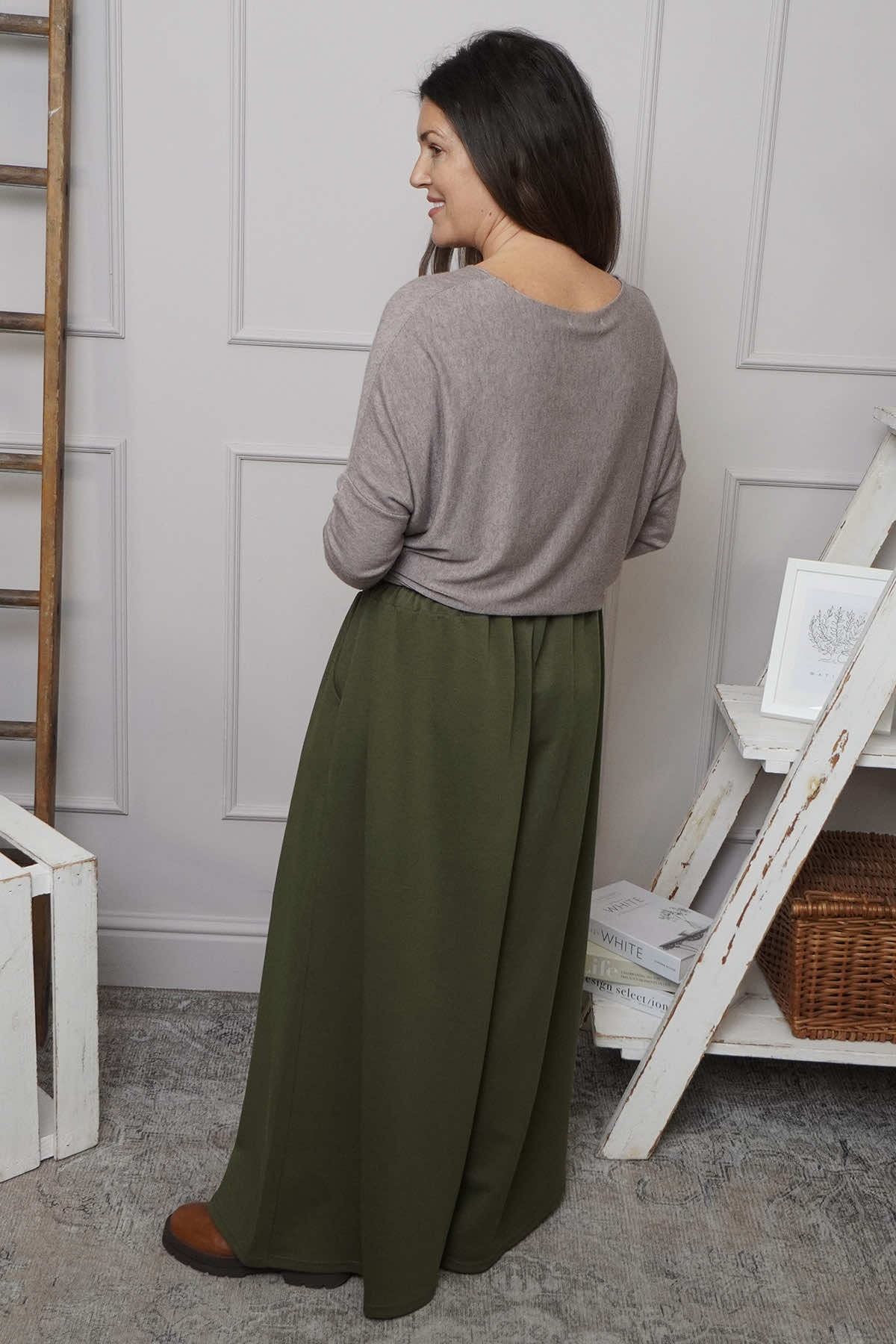 Trish Wide Leg Cotton Trousers Khaki