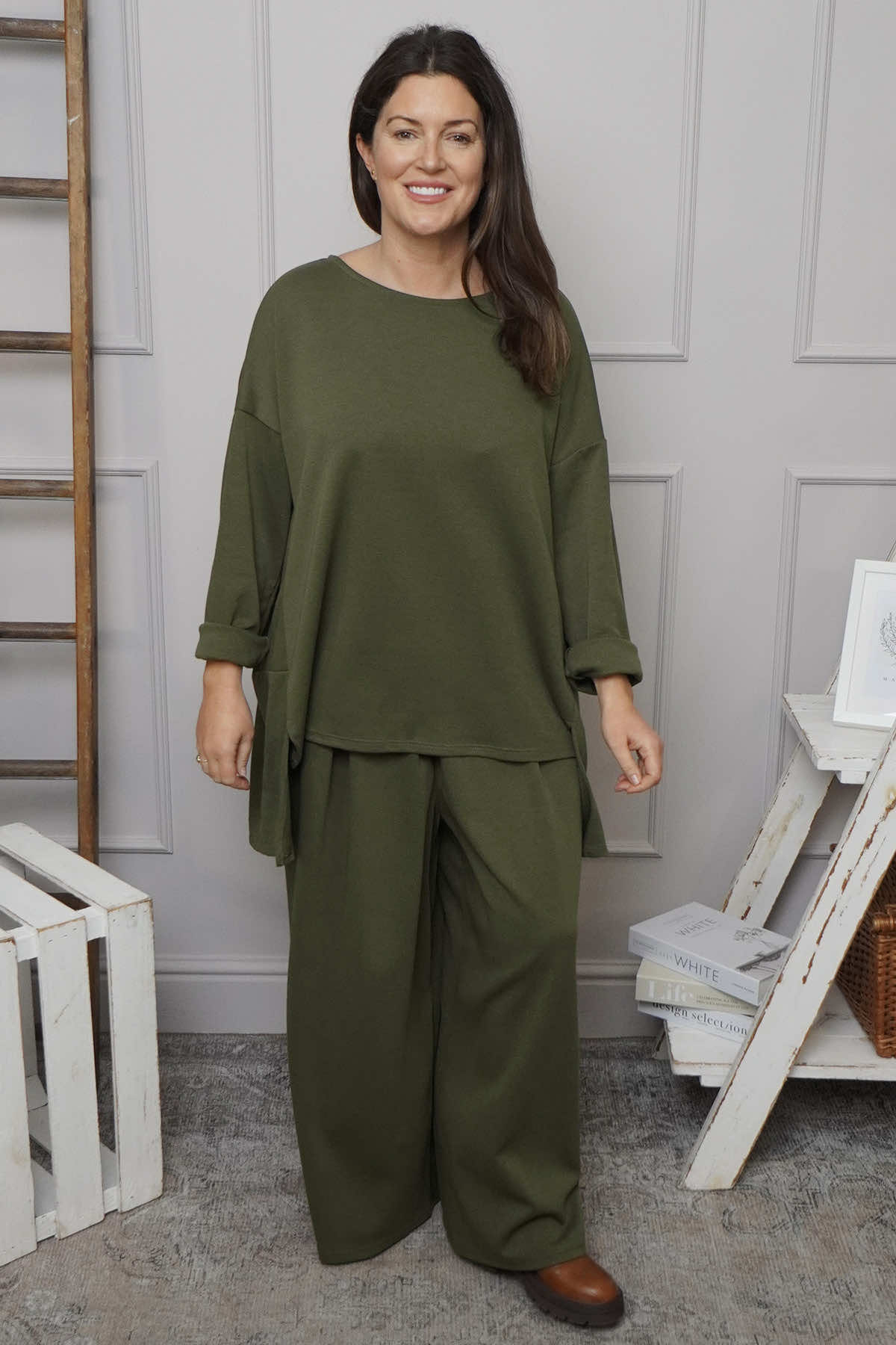 Charla Dipped Hem Cotton Top Khaki