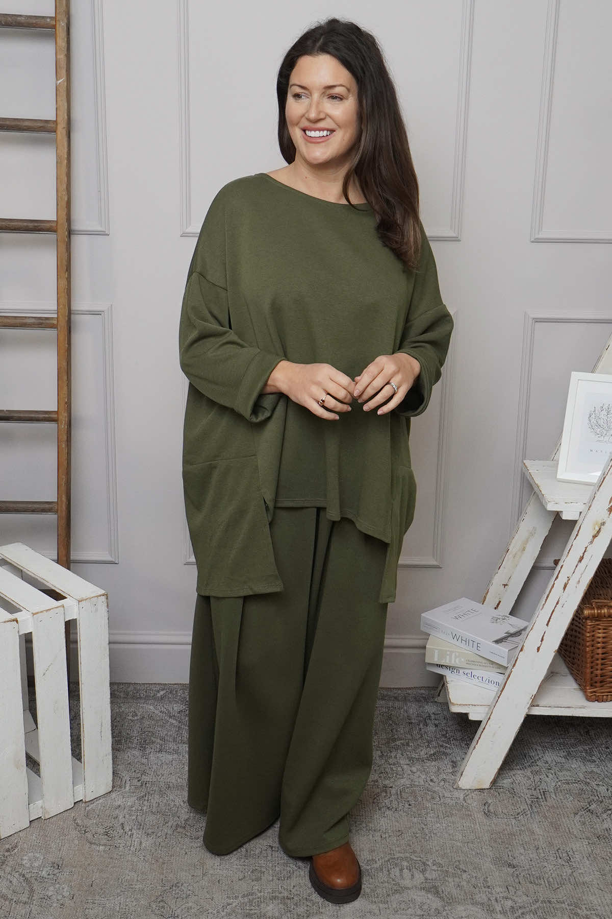 Charla Dipped Hem Cotton Top Khaki