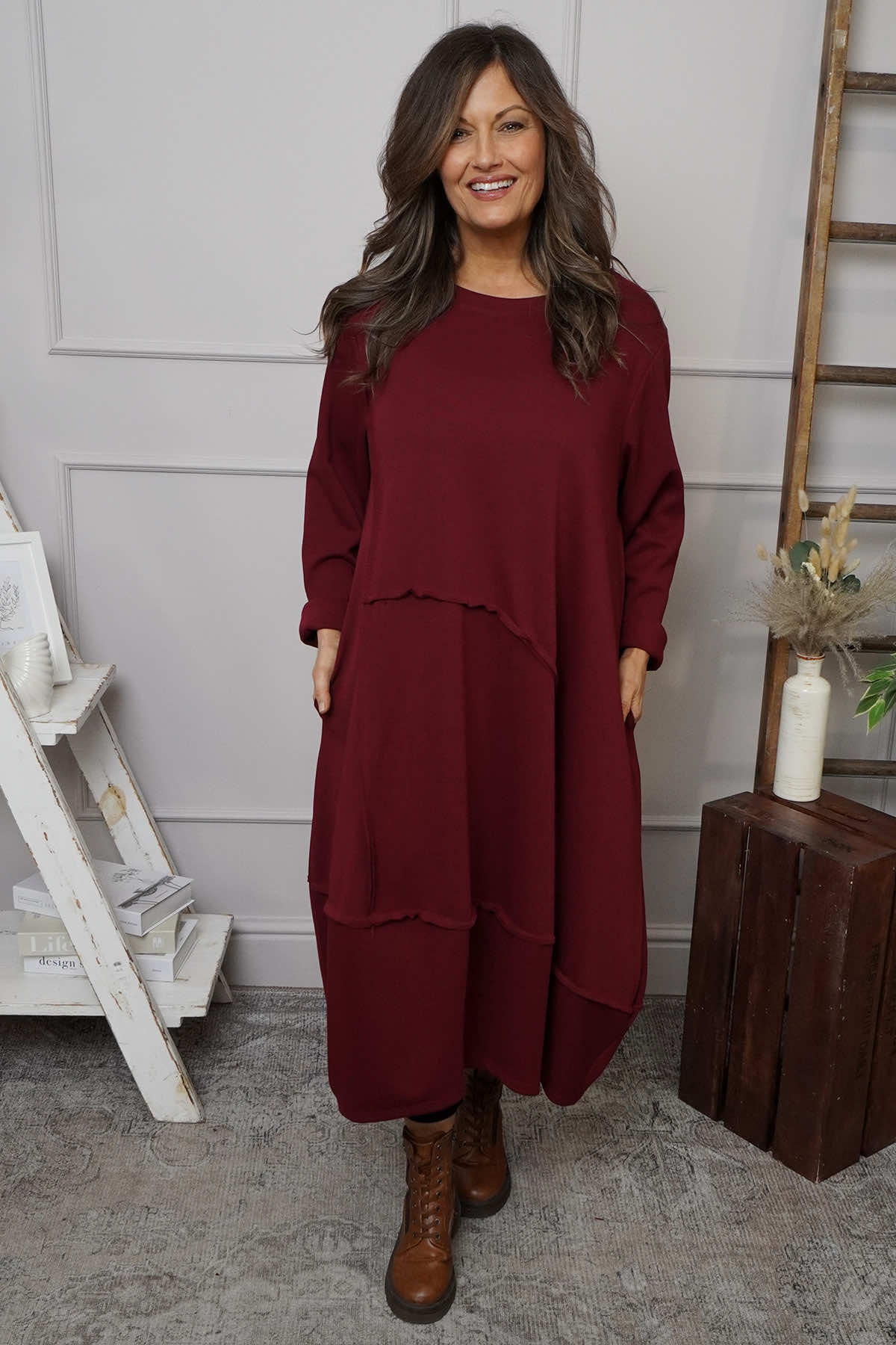 Edie Seam Detail Cotton Dress Wine