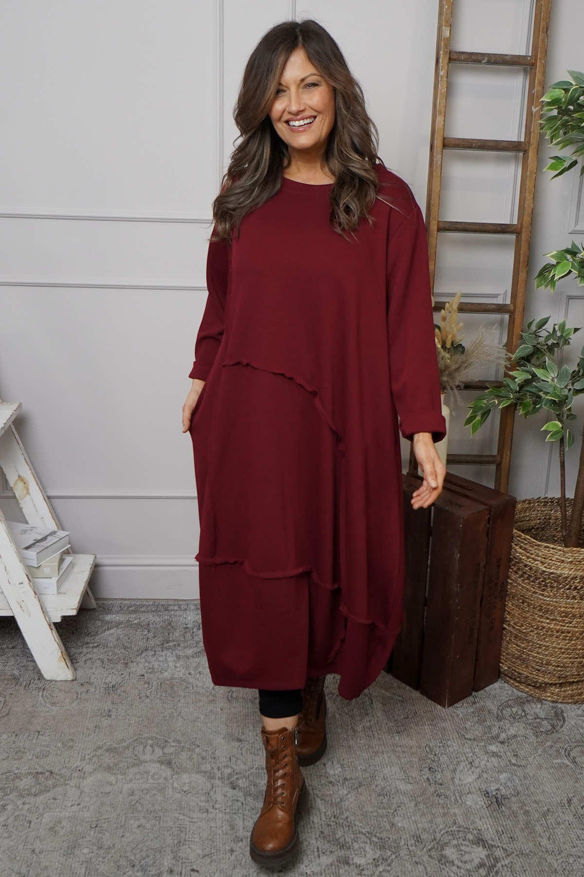 Edie Seam Detail Cotton Dress Wine