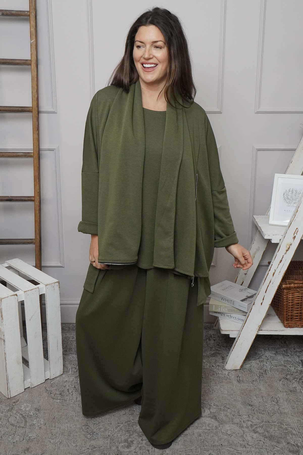 Trish Wide Leg Cotton Trousers Khaki