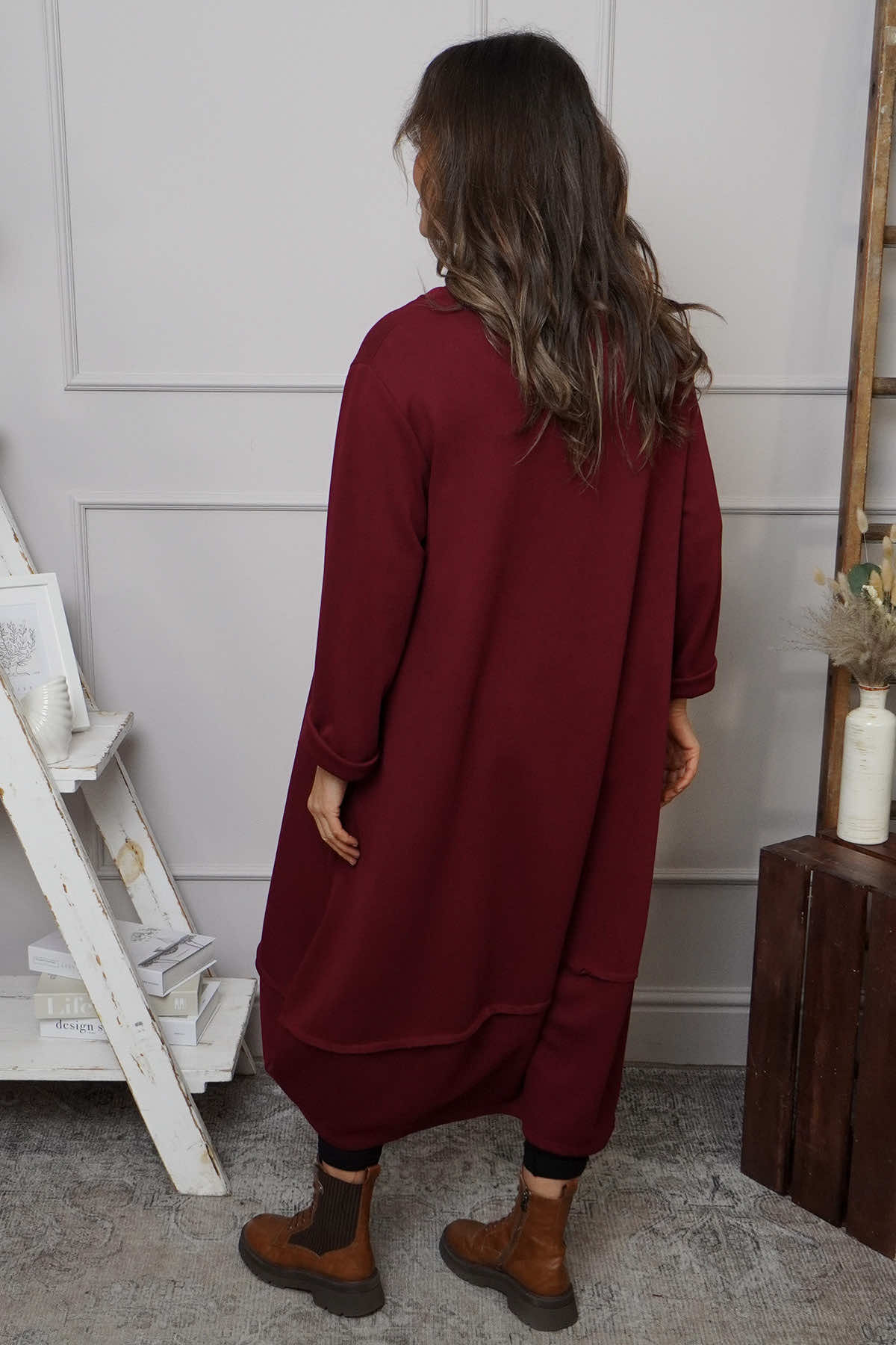 Edie Seam Detail Cotton Dress Wine
