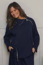 Shaye Zip Detail Cotton Top Navy Navy - Shaye Zip Detail Cotton Top Navy