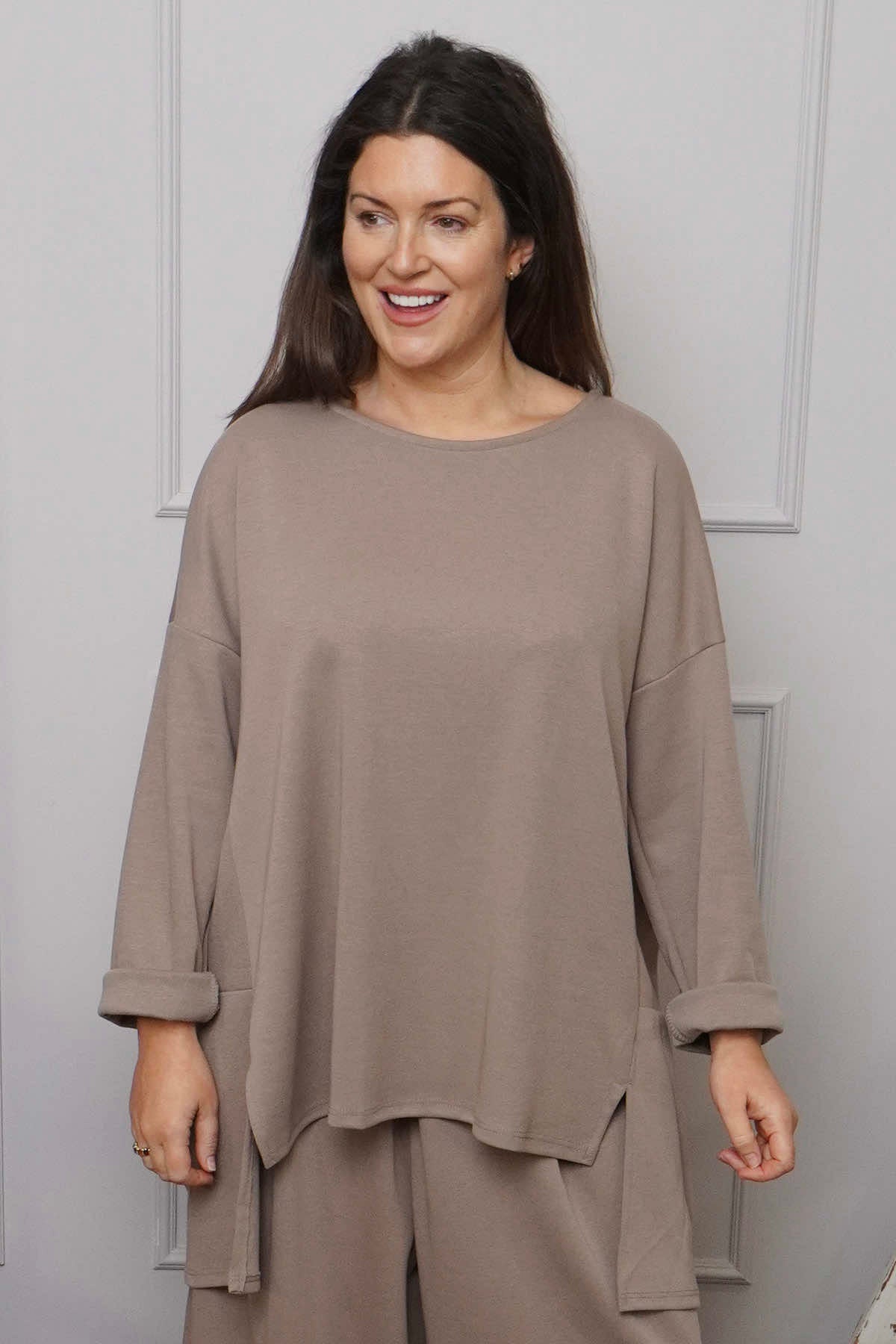 Charla Dipped Hem Cotton Top Mocha