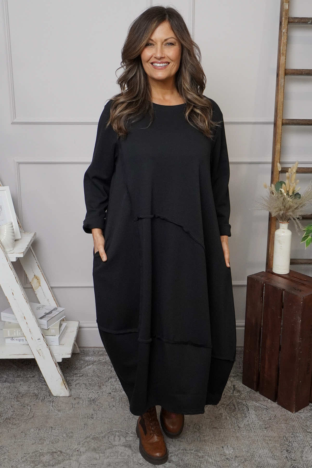 Edie Seam Detail Cotton Dress Black