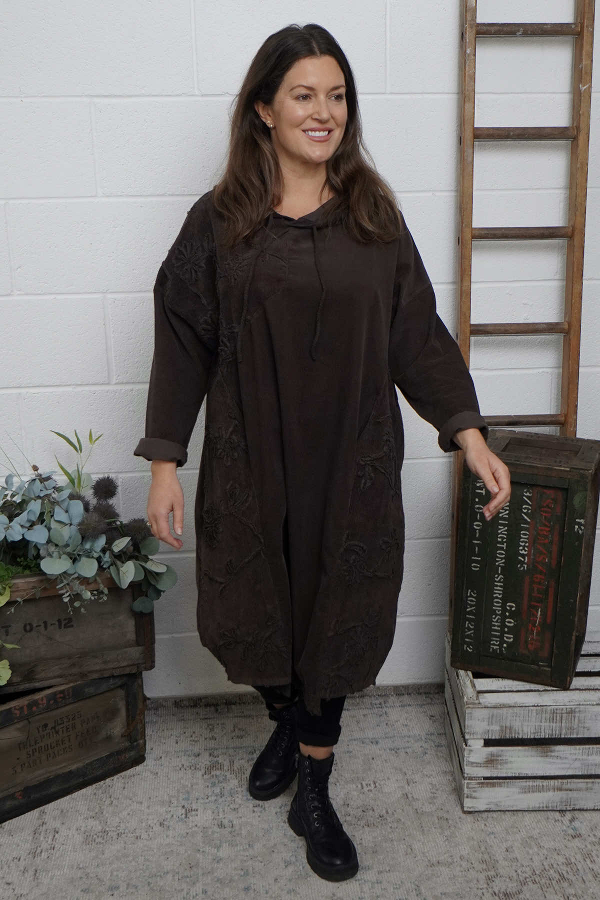 Devyn Hooded Needlecord Dress Cocoa