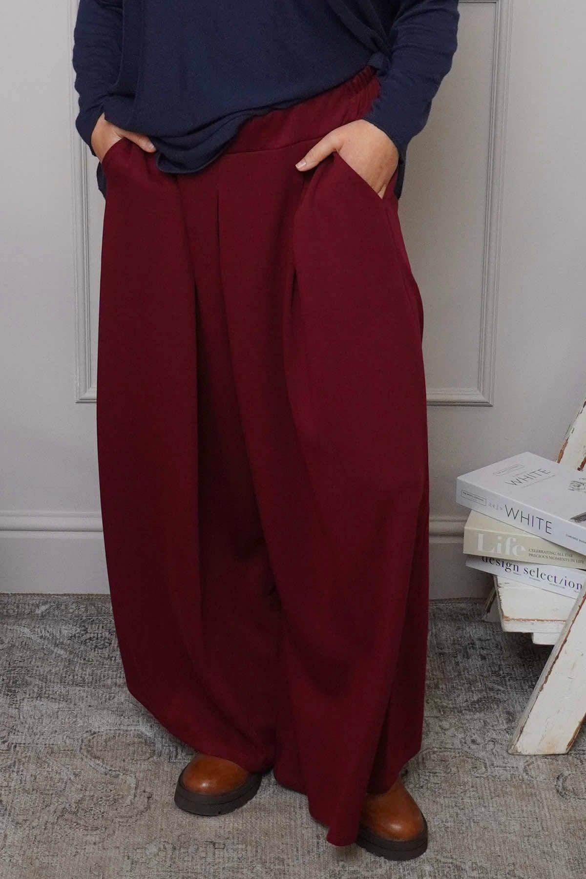Trish Wide Leg Cotton Trousers Wine