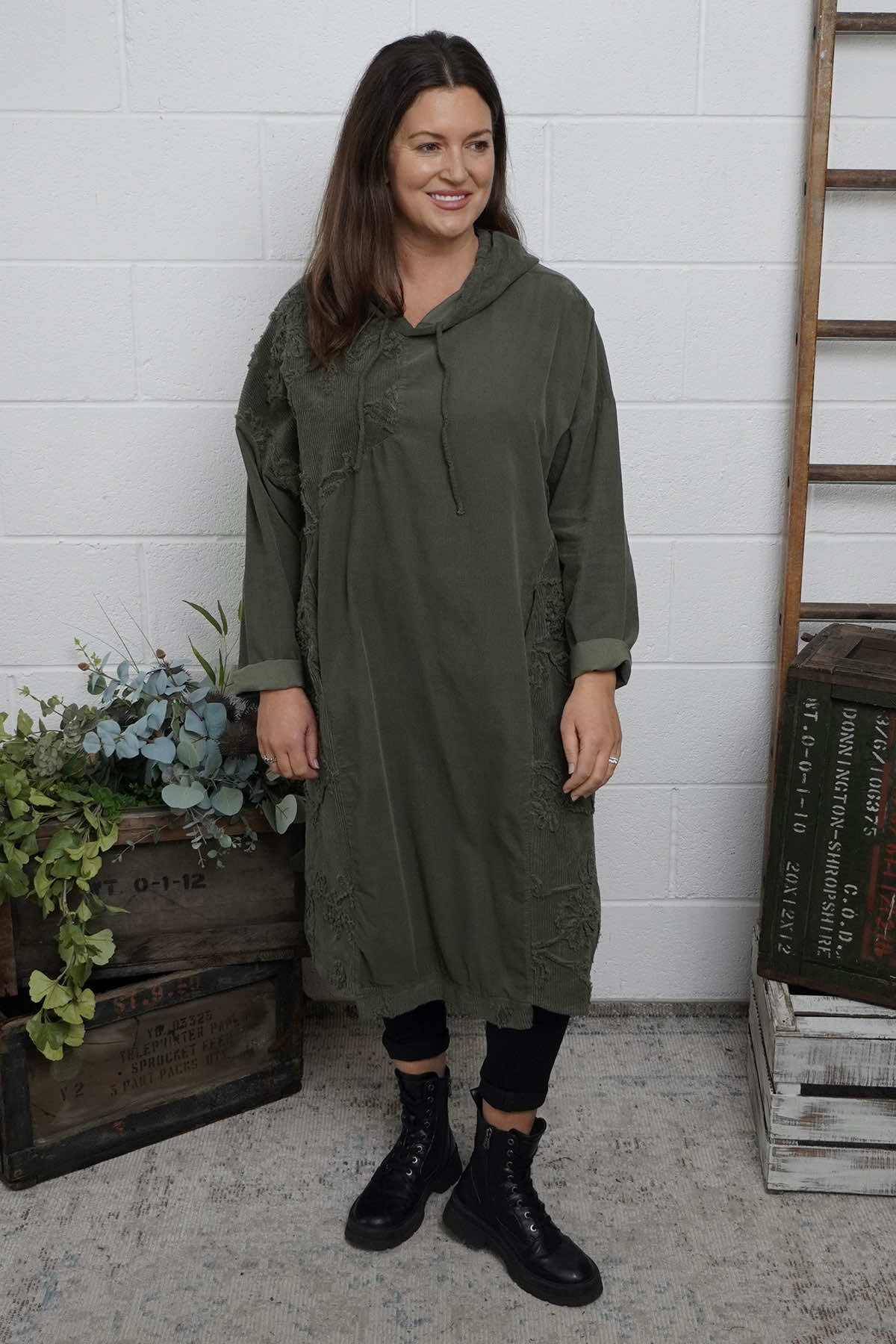 Devyn Hooded Needlecord Dress Khaki
