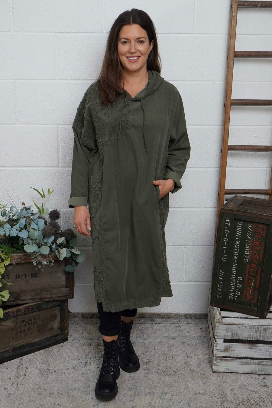 Devyn Hooded Needlecord Dress Khaki