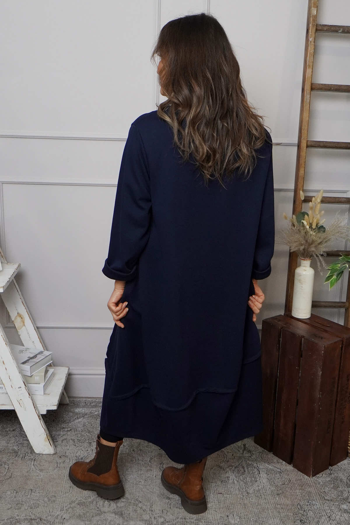 Edie Seam Detail Cotton Dress Navy
