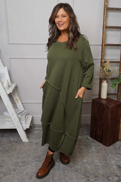 Edie Seam Detail Cotton Dress Khaki