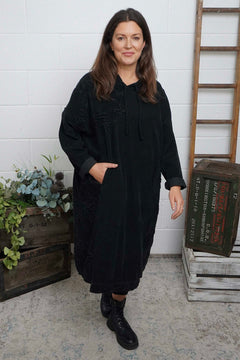 Devyn Hooded Needlecord Dress Black