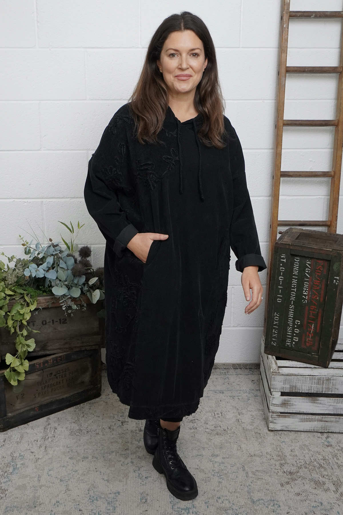 Devyn Hooded Needlecord Dress Black