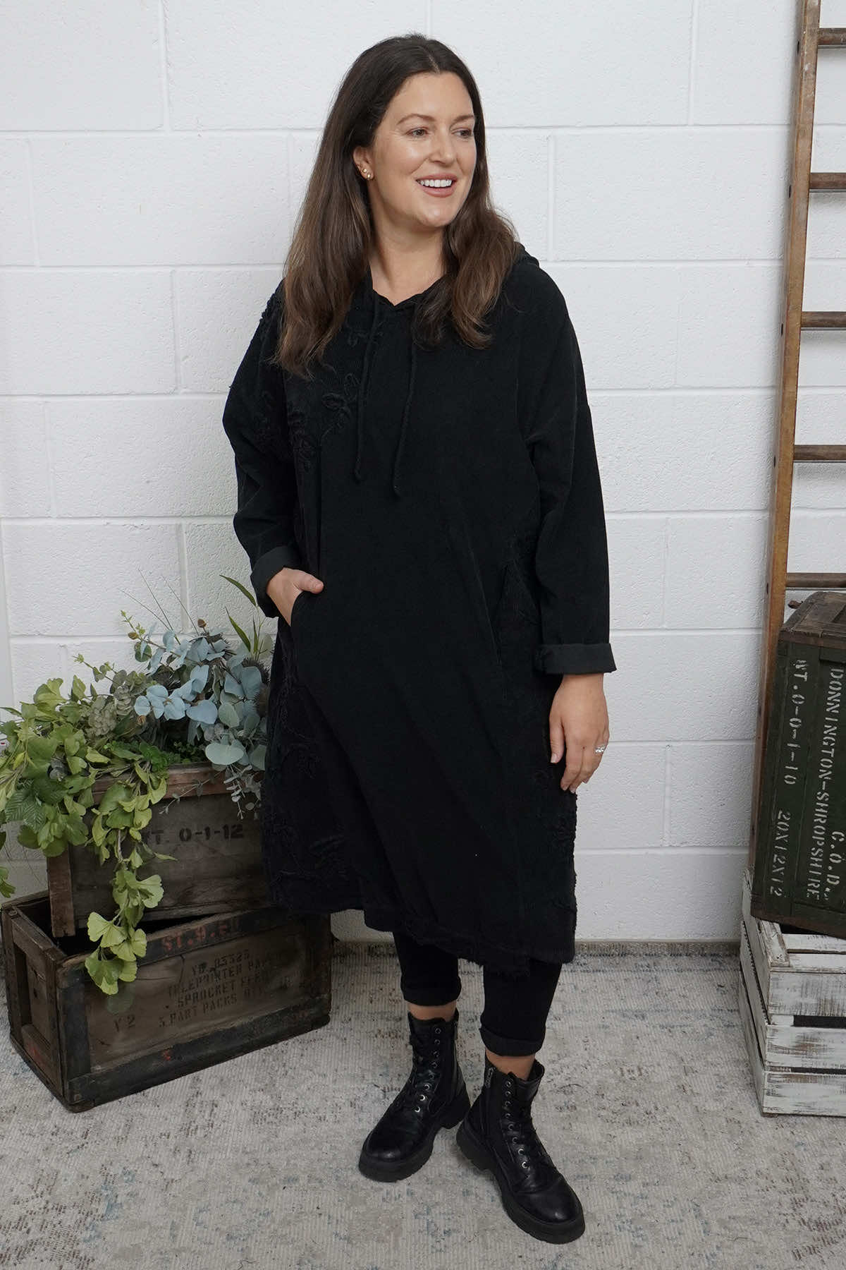 Devyn Hooded Needlecord Dress Black