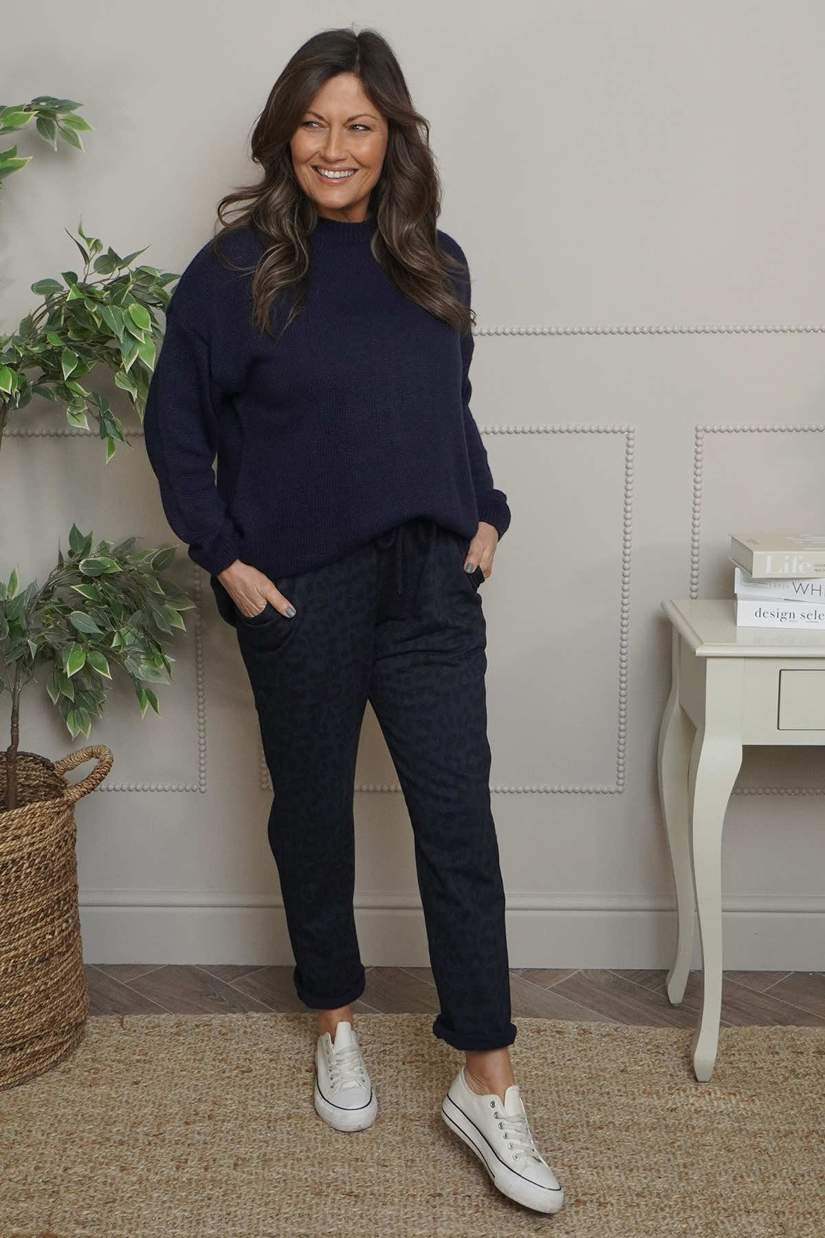 Effie Leopard Print Cotton Joggers Navy