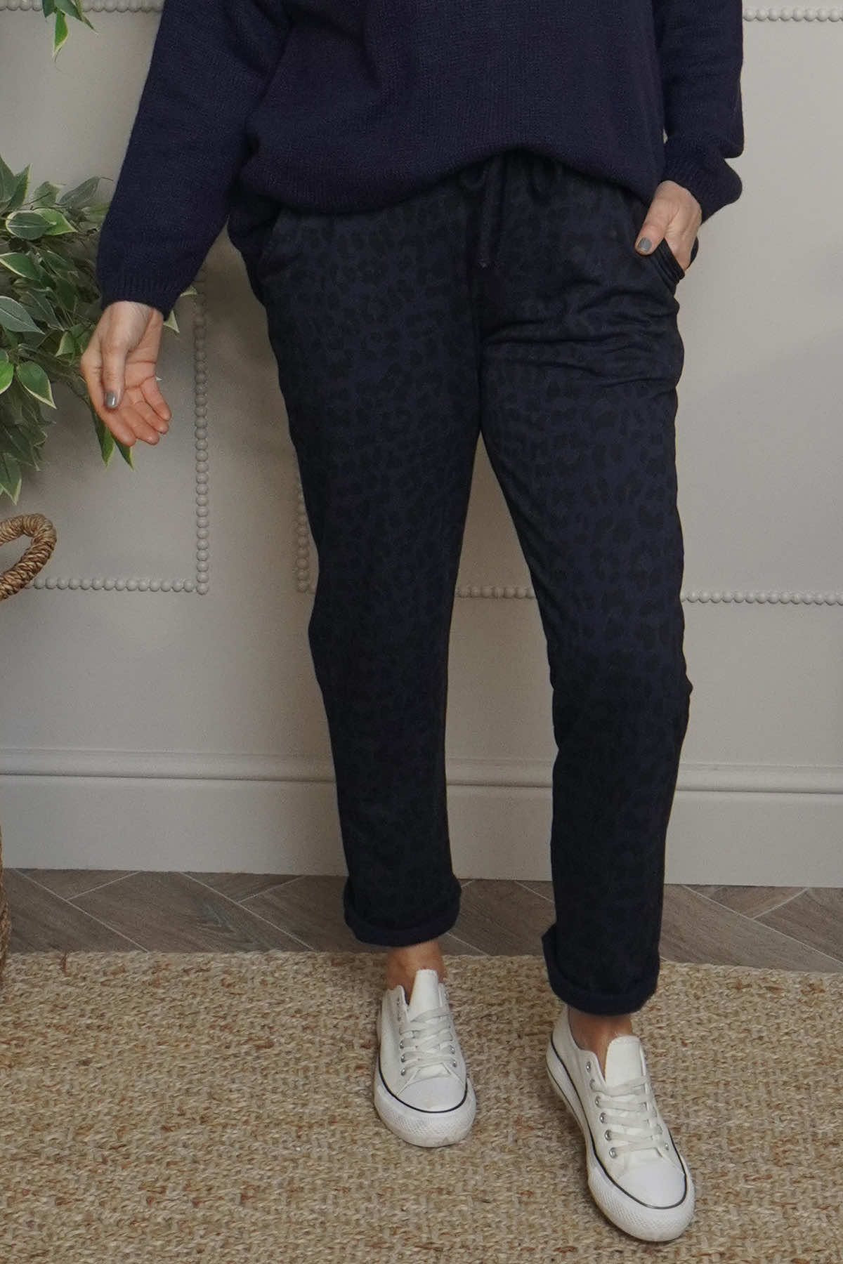 Effie Leopard Print Cotton Joggers Navy