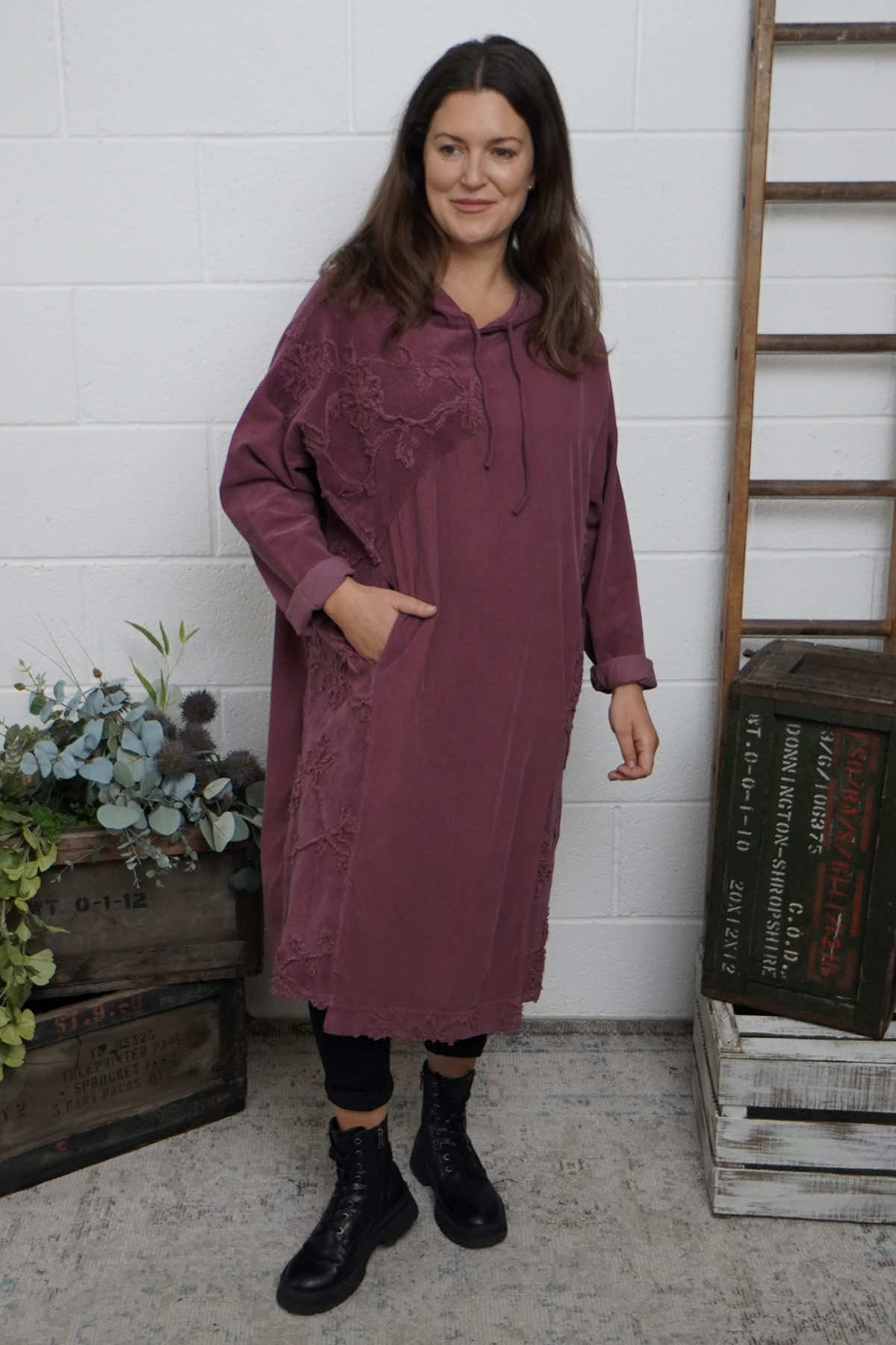 Devyn Hooded Needlecord Dress Plum