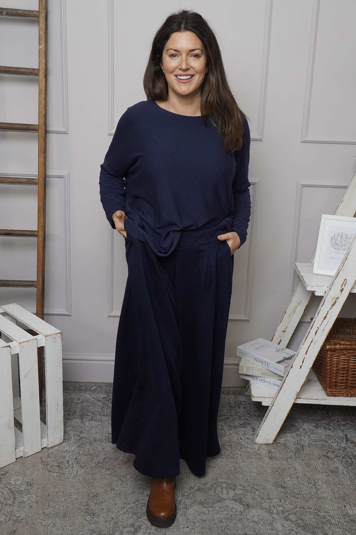Trish Wide Leg Cotton Trousers Navy