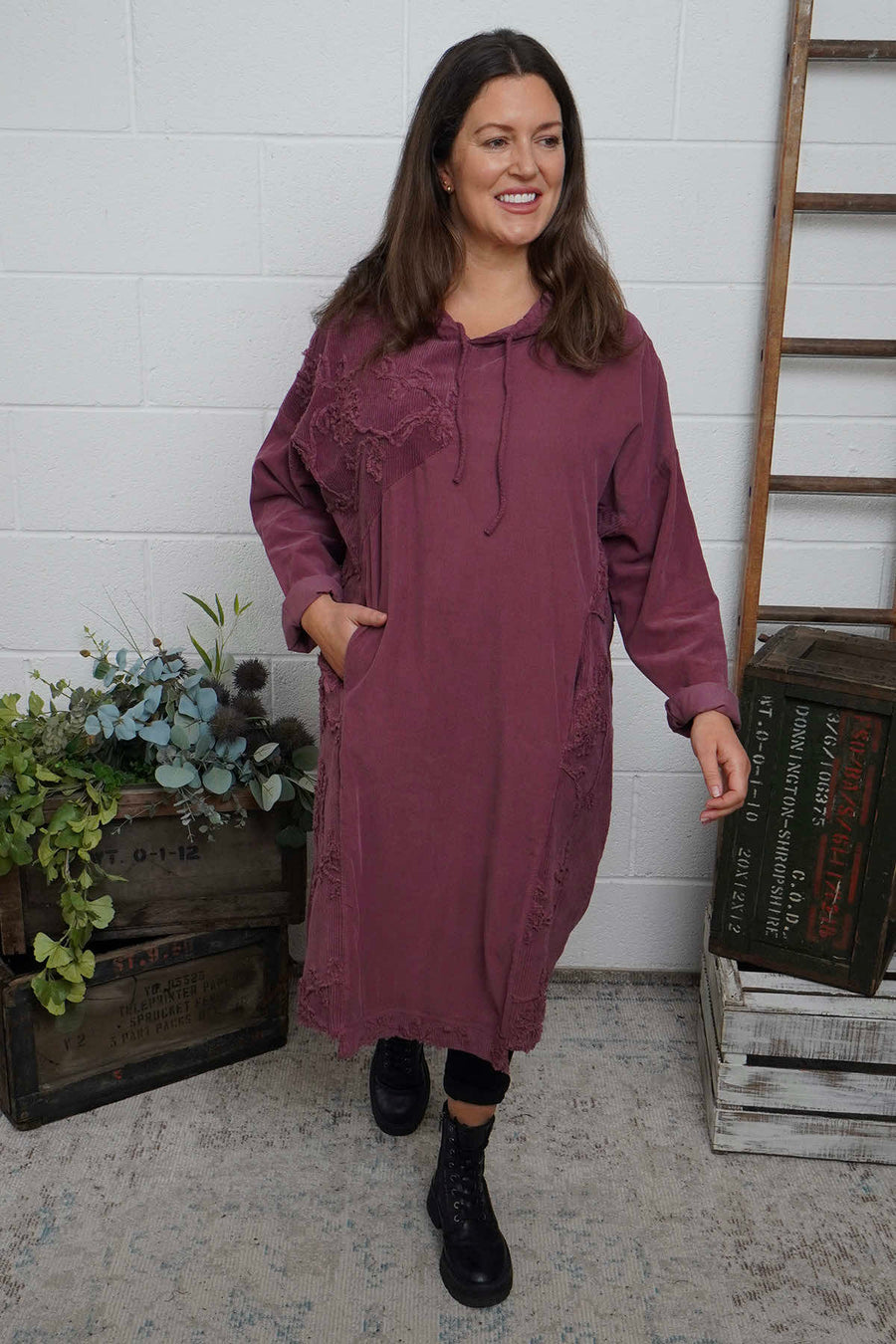 Devyn Hooded Needlecord Dress Plum