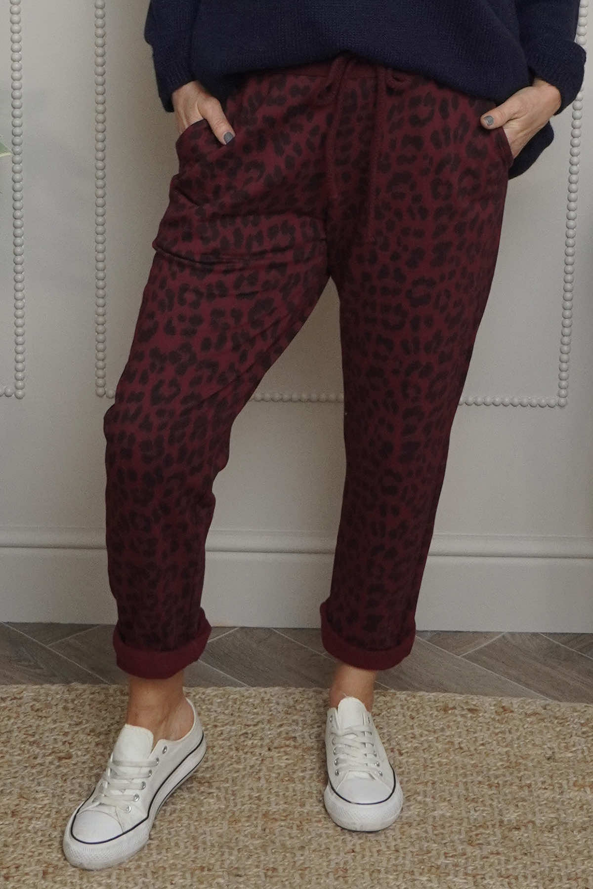 Effie Leopard Print Cotton Joggers Wine