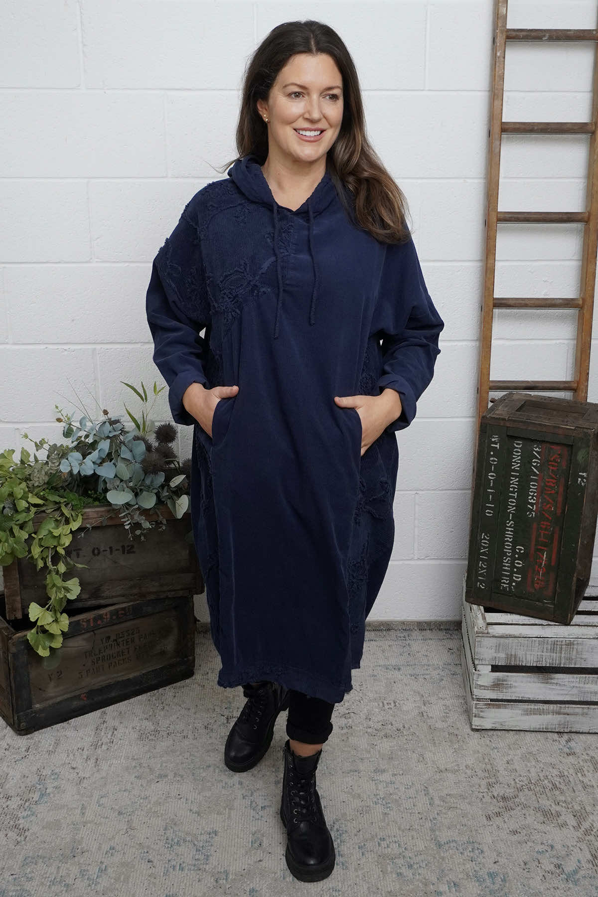 Devyn Hooded Needlecord Dress Navy