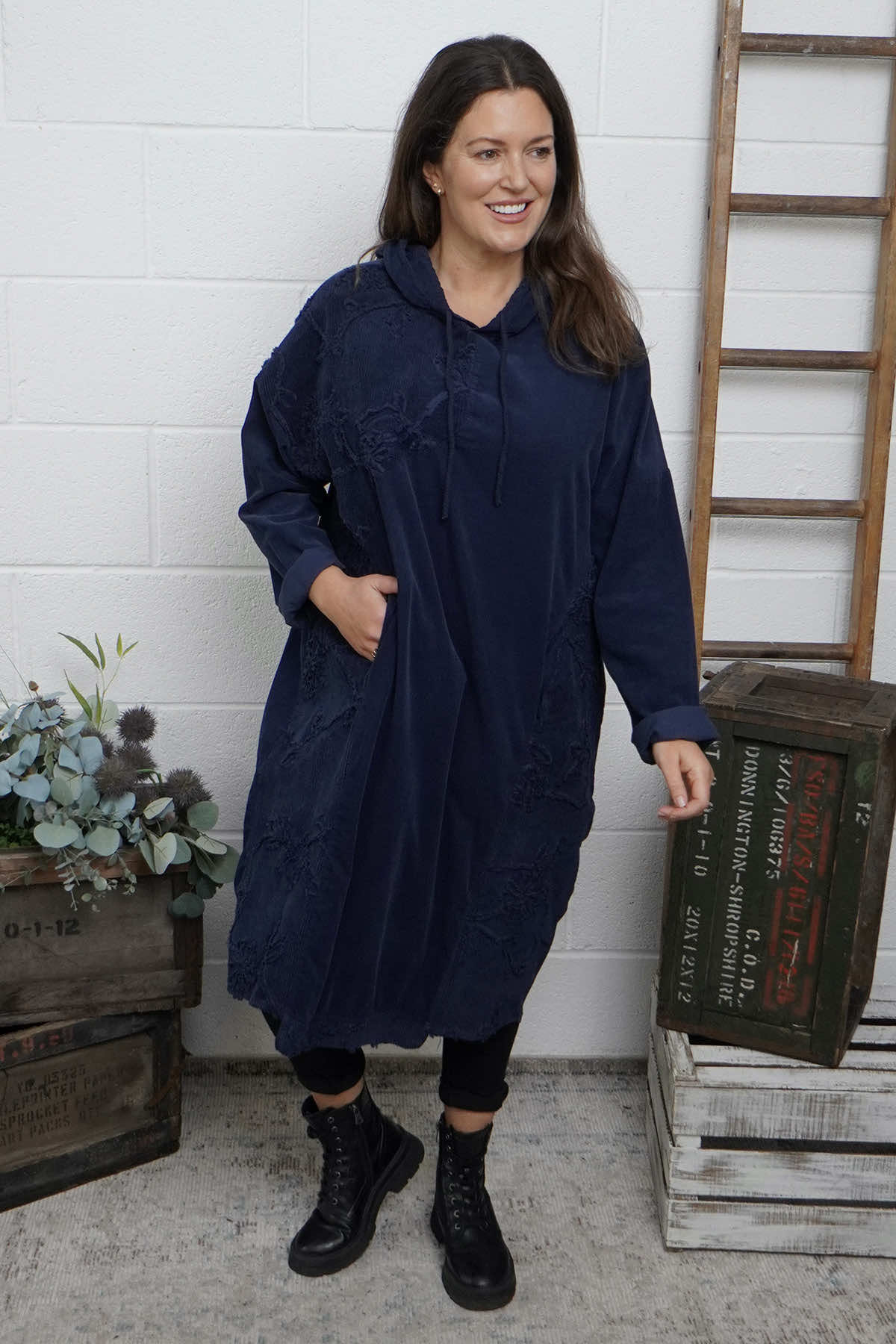 Devyn Hooded Needlecord Dress Navy