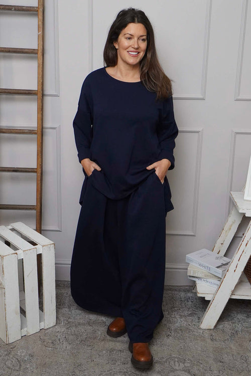 Charla Dipped Hem Cotton Top Navy