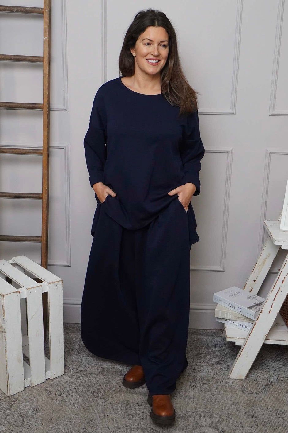 Charla Dipped Hem Cotton Top Navy