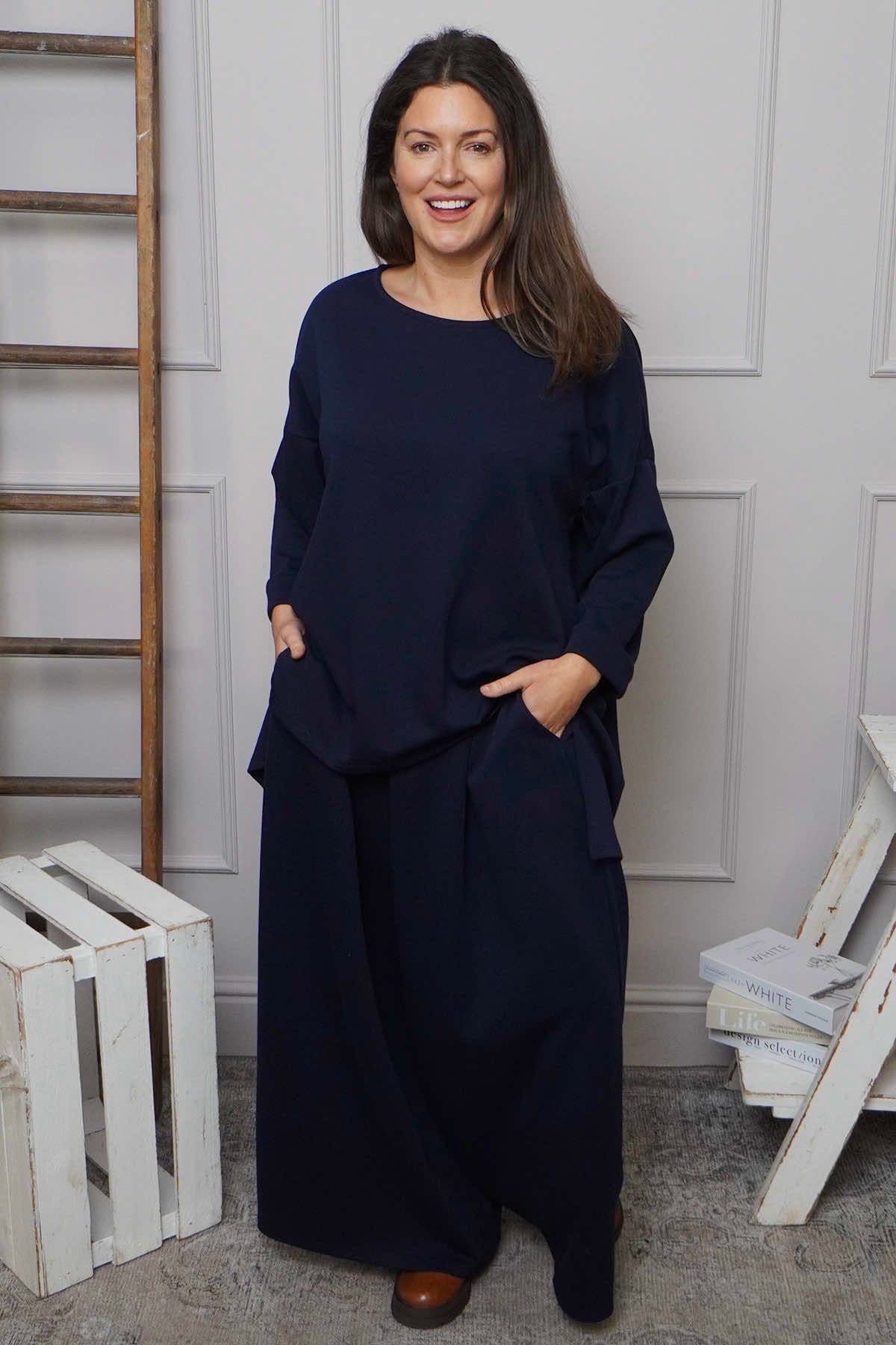Trish Wide Leg Cotton Trousers Navy