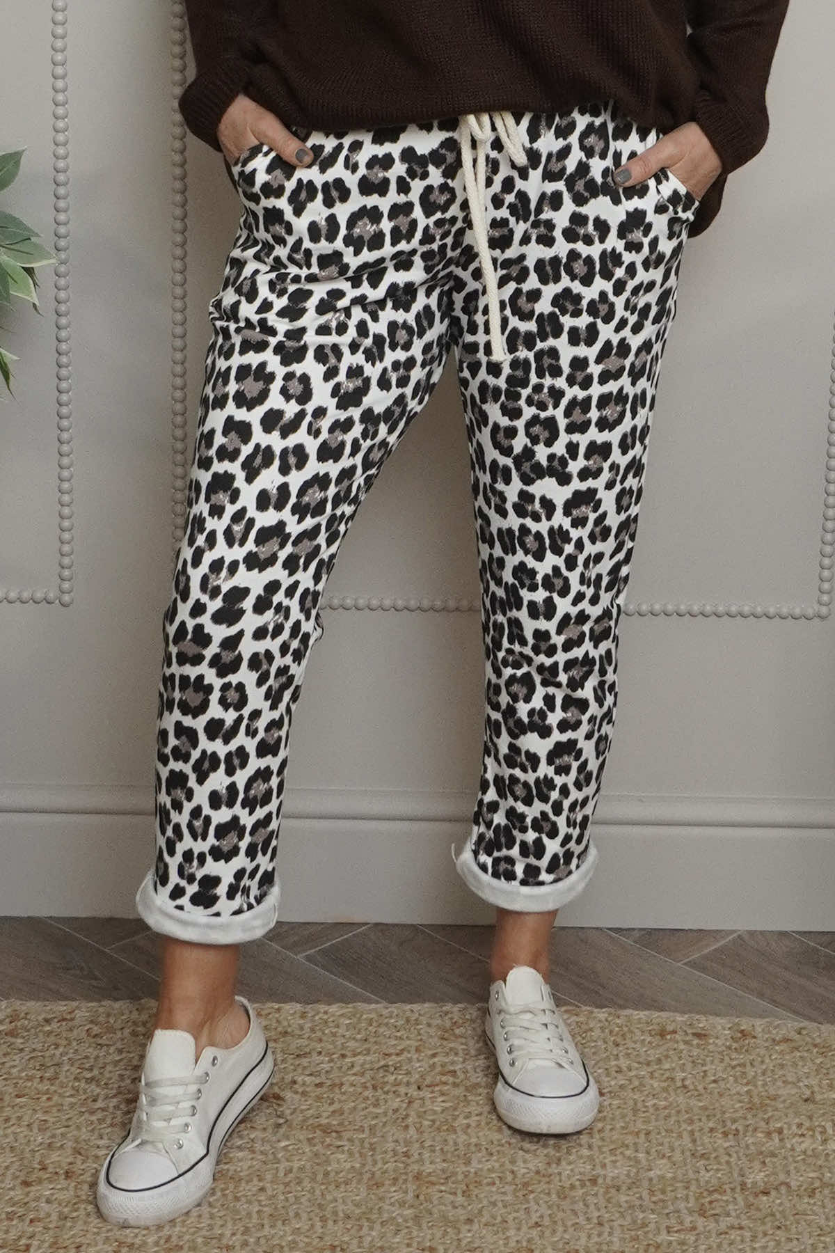 Effie Leopard Print Cotton Joggers White