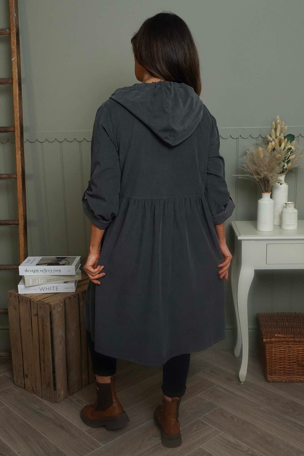 Sian Hooded Needlecord Jacket Charcoal