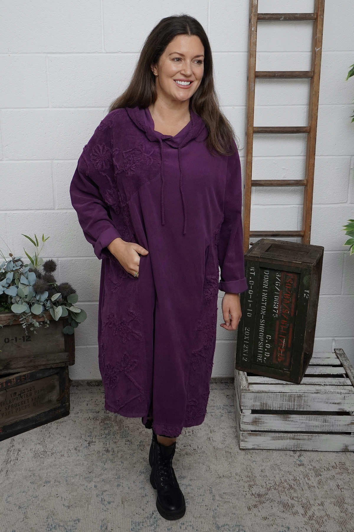 Devyn Hooded Needlecord Dress Purple