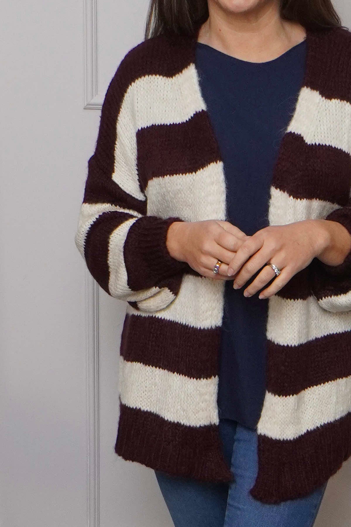 Kennedy Stripe Knitted Cardigan Wine