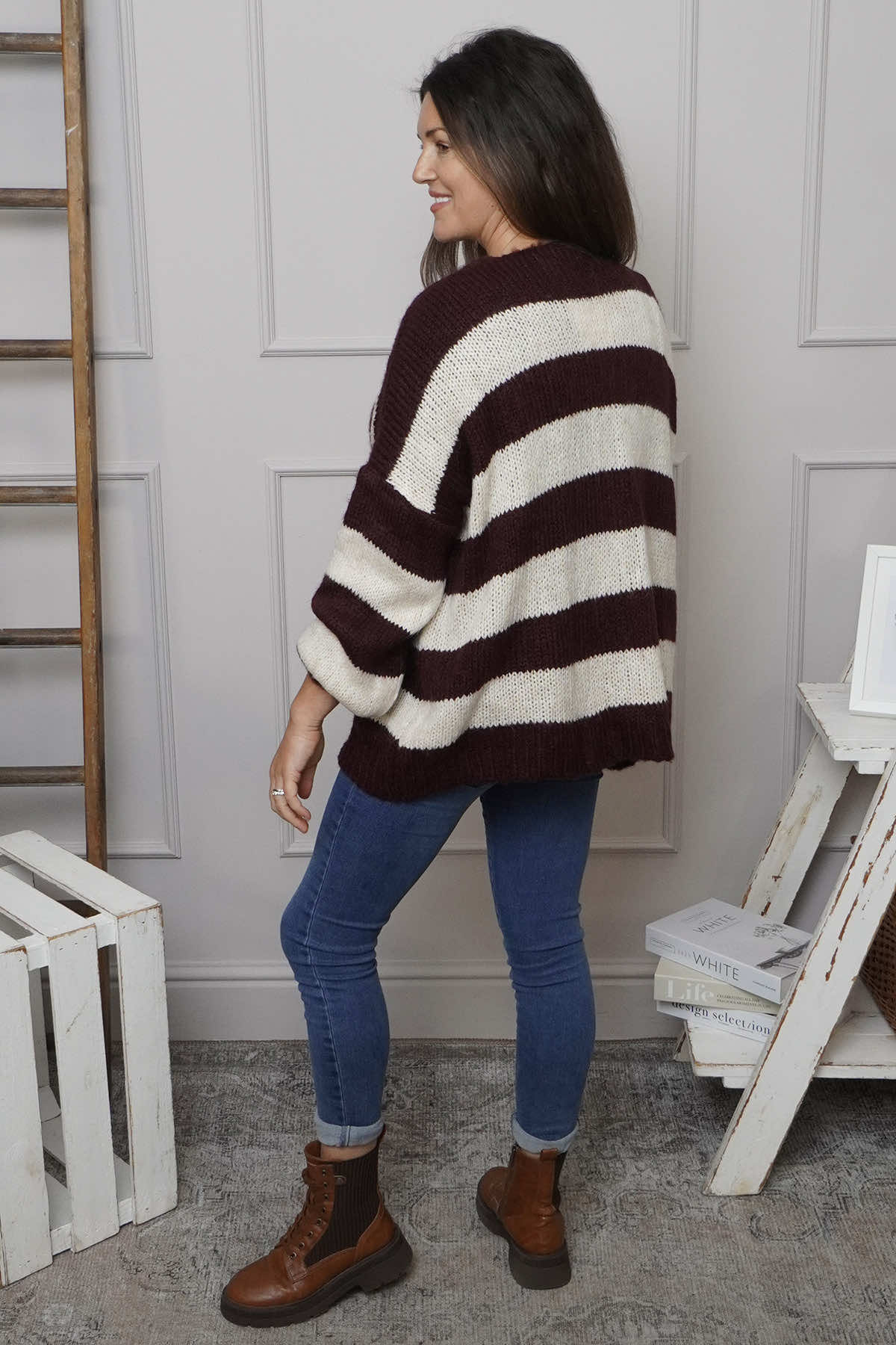 Kennedy Stripe Knitted Cardigan Wine