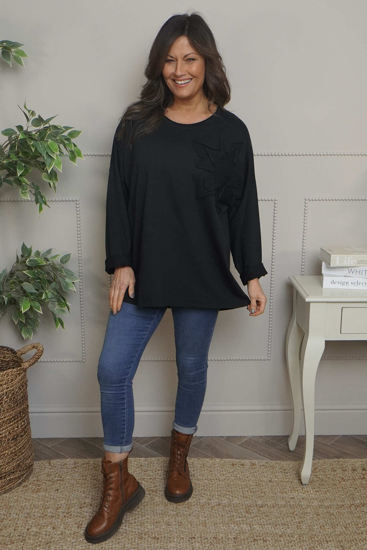 Kaila Flower Patch Cotton Top Black