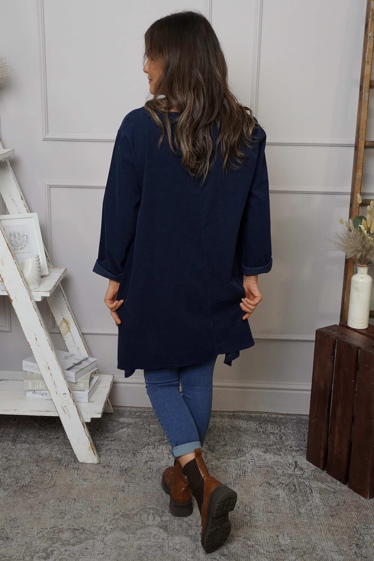 Berenice Print Detail Needlecord Top Navy