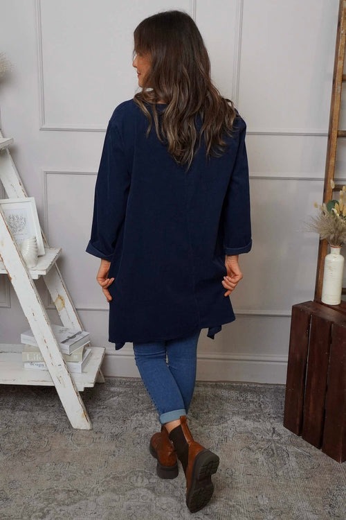 Berenice Print Detail Needlecord Top Navy - Image 4