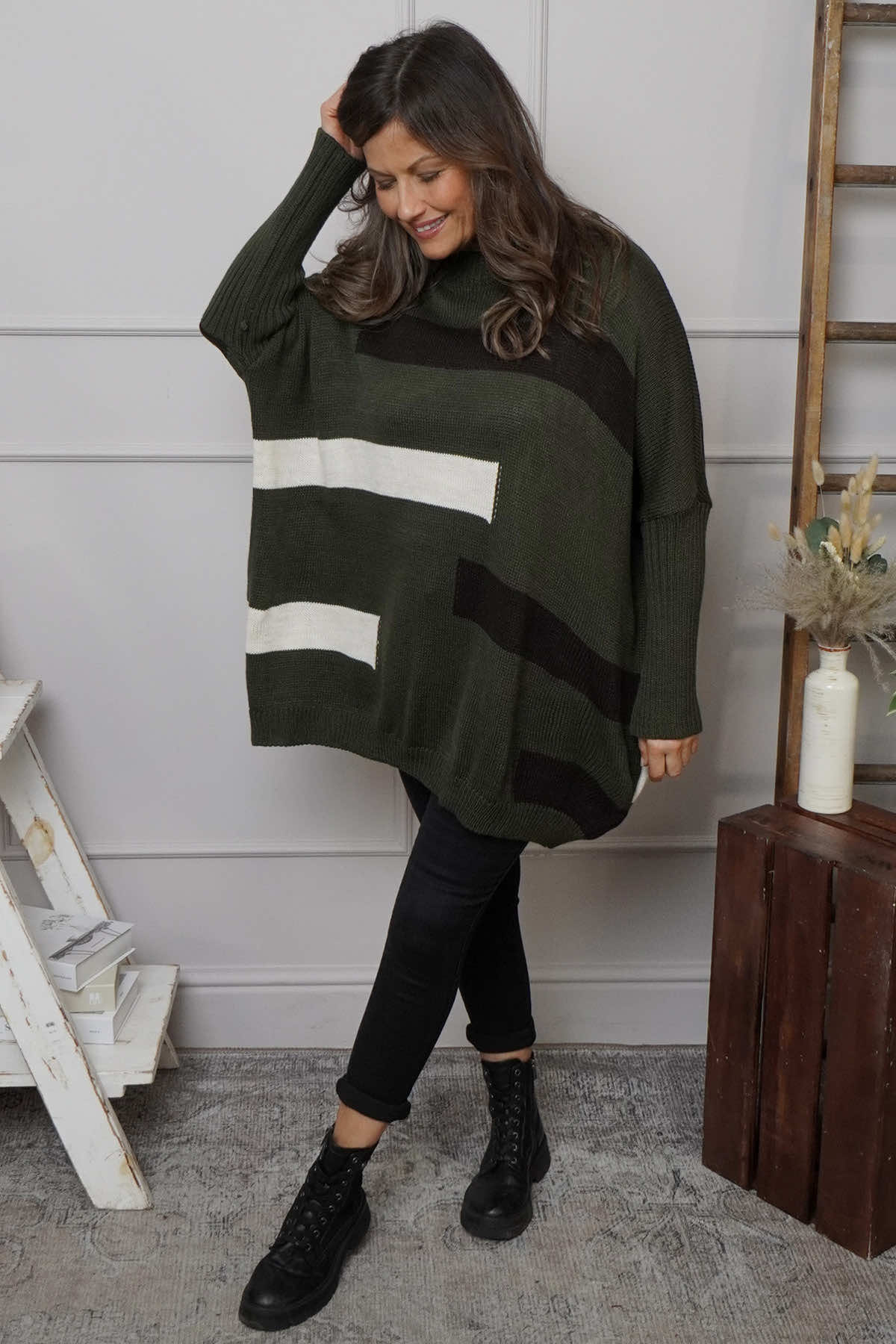 Melva Block Knitted Jumper Khaki